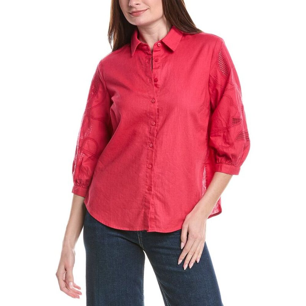 Renuar Womens  Woven Button Front Linen-Blend Blouse, Red